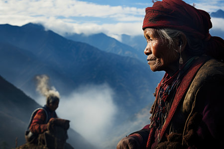 Image of an old woman in national clothes against a background of mountainsの素材
