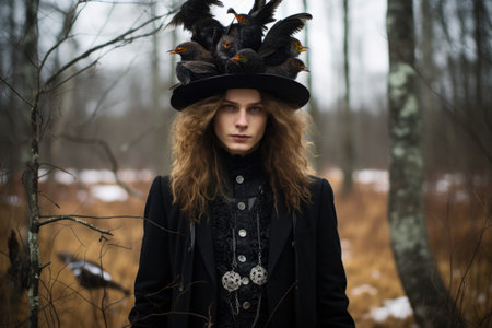 Image of a young guy with magical clothes and a hat with birds in the forestの素材