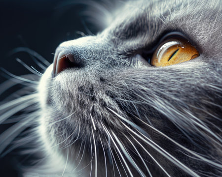 Majestic Whiskers: A close-up of a gray cat showcasing its whiskers, adding a touch of grace to its enigmatic demeanorの素材