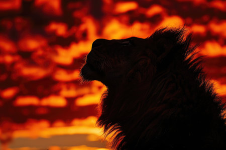 regal lion against fiery sunsetの素材