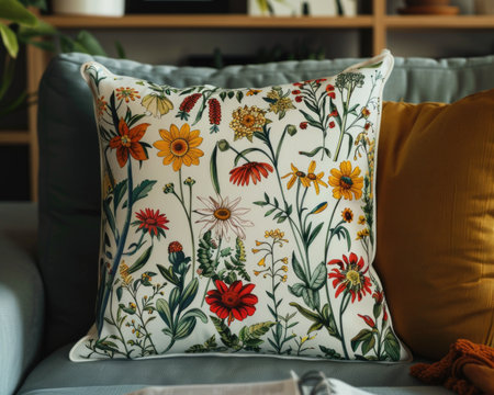 A close-up view of a botanical-inspired throw pillow or cushion cover resting elegantly on a couch. The pillows intricate design adds a touch of nature to the cozy setting.の素材