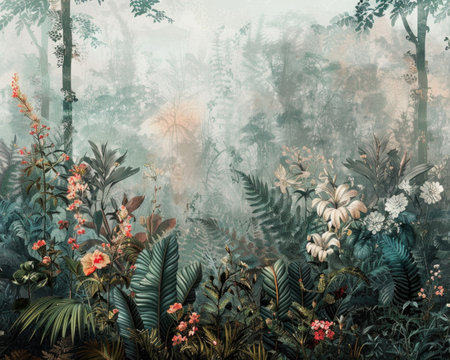 A vibrant painting depicting a dense forest teeming with colorful flowers in full bloom, creating a magical and lively atmosphere.の素材