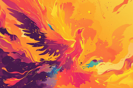 A colorful painting depicting a majestic bird with vibrant wings spread wide, soaring gracefully through the sky. The bird exudes a sense of freedom and beauty in its flight.の素材