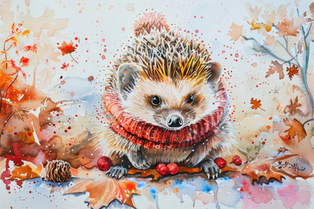 A charming watercolor painting of a hedgehog sporting a cozy scarf. The hedgehog is depicted with intricate details and vibrant colors, standing out against a soft background.の素材