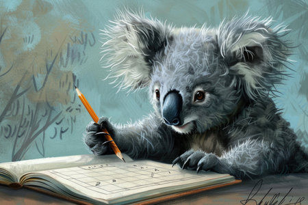 In this charming painting, a koala with a pencil in hand is seen writing on a book, showcasing a creative and imaginative scene.の素材