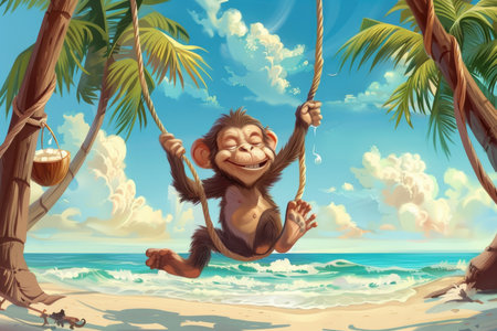 A lively painting captures a mischievous monkey playfully swinging on a vine in a vibrant jungle setting. The monkeys joyful expression and dynamic movement add a sense of adventure to the scene.の素材