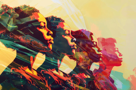 A vivid painting depicting a group of people of different colors coming together, symbolizing unity, diversity, and acceptance in a dynamic and colorful composition.の素材