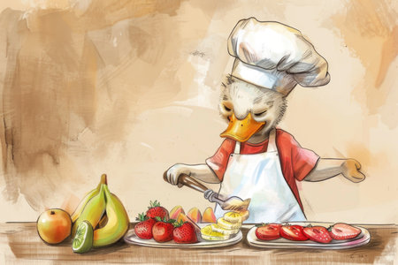 A whimsical drawing featuring a duck wearing a chefs hat, skillfully preparing food in a kitchen setting with pots and utensils.の素材