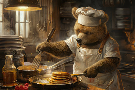 A bear chef expertly cooks up a storm in the kitchen, preparing a delicious meal with precision and care amidst pots and pans.の素材