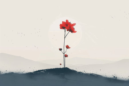 A vibrant red flower stands alone on the crest of a hill, basking in the sunlight, supported by the lush green landscape beneath it.の素材