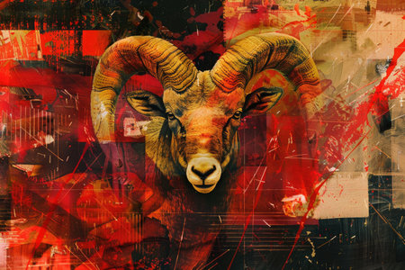 A stunning painting of a magnificent frame with exceptionally large horns, exuding power and grandeur in a digital collage.の素材