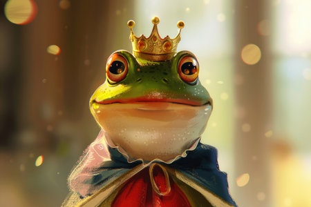 A whimsical illustration featuring a charming frog adorned with a majestic crown, resembling a regal prince in a fairytale setting.の素材