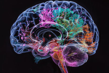 A vibrant and intricate brain is displayed, showing a colorful array of neural connections and patterns in a creative and imaginative design.の素材