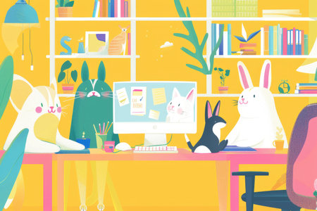 Two cute rabbits are sitting on top of a computer desk in a fun and colorful scene.の素材