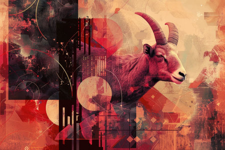 A magnificent goat with long horns stands gracefully in front of a colorful and lively backdrop, exuding a sense of strength and beauty.の素材