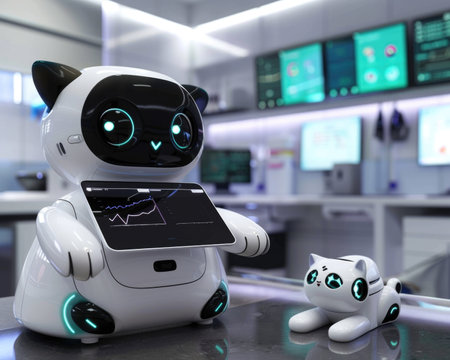 A futuristic robotic pet healthcare station sits next to a fluffy cat. The robot appears to be in a resting position, while the cat looks relaxed.の素材