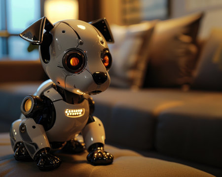 A small robotic dog is calmly seated atop a couch, showing its futuristic design and playful presence in a cozy living room setting.の素材