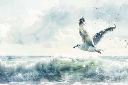 Graceful seagull glides majestically over a rolling wave, captured in serene watercolor, embodying a sense of freedom and tranquility.の素材