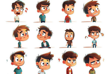 A vibrant assortment of cartoon characters displaying a range of emotions such as happiness, surprise, anger, and excitement. Each character is uniquely designed with distinct facial expressions and body language.の素材
