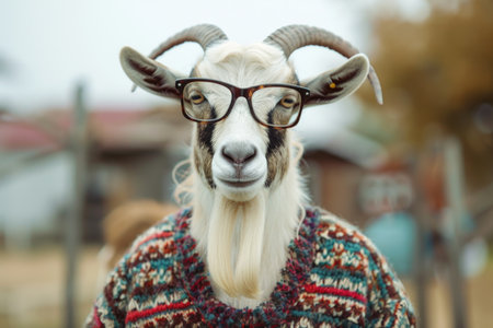 A cute goat is sporting a pair of glasses and a cozy sweater, looking quirky and stylish.の素材