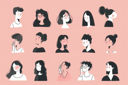 A collection of individuals with an array of unique and diverse hairdos, ranging from short spiky cuts to long flowing locks, showing individuality and creativity.の素材