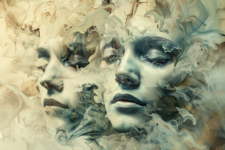 A surreal painting featuring two faces with smoke billowing out of them, creating a mysterious and ethereal atmosphere.の素材