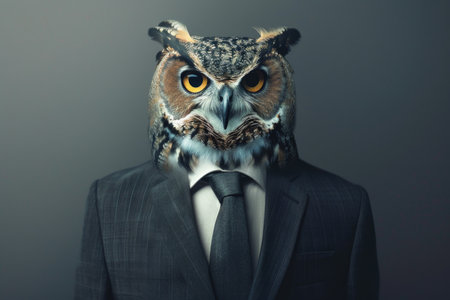 A sophisticated owl dressed in a smart suit and tie, exuding a sense of elegance and refinement.の素材