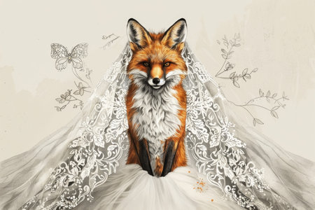 A painting showcasing a fox elegantly dressed in a wedding gown, standing gracefully in a garden setting, exuding poise and charm.の素材