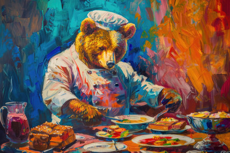 A lively painting featuring a bear dressed in a classic chefs uniform, complete with hat and apron, exuding a sense of culinary expertise and whimsy.の素材