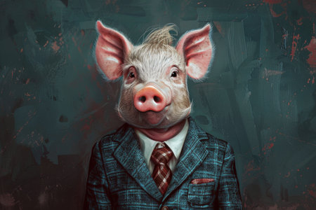 A piglet dressed in a sophisticated suit and tie, exuding confidence and charm as it stands upright and poses elegantly.の素材