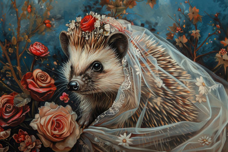 A charming painting featuring a hedgehog dressed in a beautiful wedding gown, standing in a serene garden setting.の素材