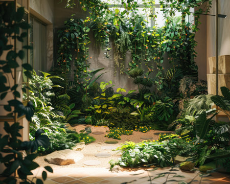 A vibrant indoor garden oasis featuring a plethora of lush green plants creating a serene and refreshing environment.の素材