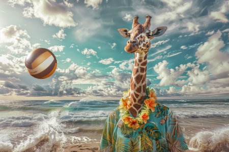 A magnificent giraffe gracefully stands tall above a sandy beach, its long neck and spotted coat illuminated by the suns warm glow.の素材