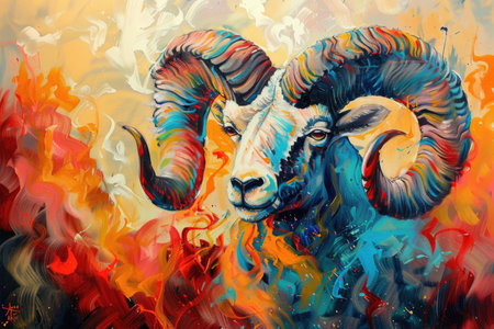 In this abstract painting, a powerful ram stands proudly against a vibrant and colorful background, showing the beauty and strength of nature.の素材