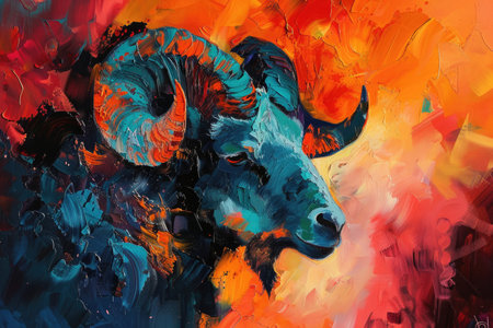 A colorful painting of a bold and fierce bull, capturing the essence of strength and power with its bright and vivid colors.の素材