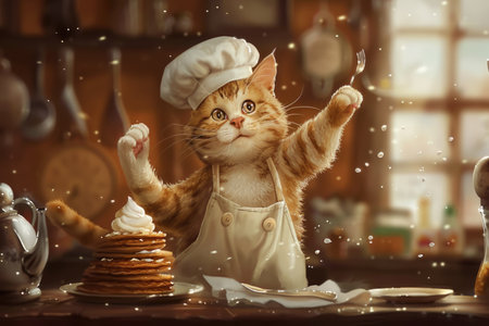 A feline chef dressed in a chef hat is skillfully holding a spoon, ready to cook up a storm in the kitchen.の素材