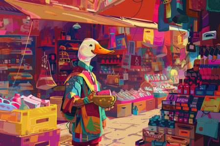 A colorful painting of a duck, displayed in a trendy store. The duck is depicted in a playful and artistic manner, adding charm to the space.の素材