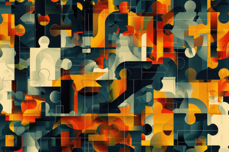 A large group of puzzle pieces, each with a unique color, are interlocking and forming a cohesive image. The pieces fit together perfectly, showcasing a beautiful mosaic of colors.の素材