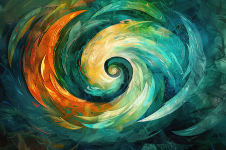 A vibrant swirl of colors dance across a black background in an abstract digital painting, symbolizing a journey of creativity and expression.の素材