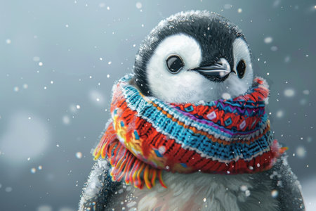 A cute penguin is cozy in a scarf, with another stylishly draped around its neck. It looks ready for the winter chill!の素材