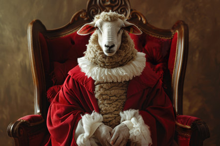 A sheep wearing a vibrant red dress is elegantly seated on a matching red chair.の素材