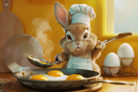 A charming rabbit, dressed as a chef, is skillfully cooking eggs in a sizzling frying pan, showcasing culinary expertise and creativity in an enchanting setting.の素材