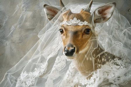 A stunning painting of a regal deer adorned with a delicate veil and a sparkling tiara, exuding elegance and grace in a whimsical setting.の素材