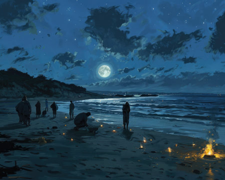 A group of people, silhouetted against a soft glow cast by the moon, stand atop a sandy beach, enjoying the serene beauty of the nighttime landscape.の素材