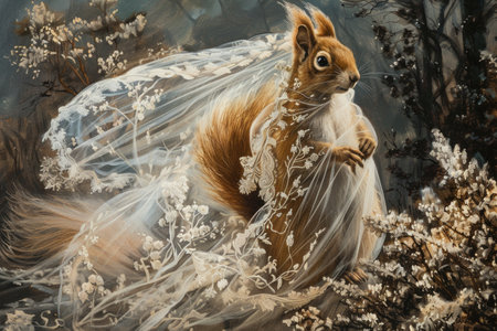 A charming painting featuring a squirrel dressed in a beautiful bridal gown, exuding elegance and grace as if ready to walk down the aisle.の素材