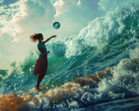 A woman happily plays with a ball in the serene waters of the ocean, tossing it back and forth with carefree delight.の素材