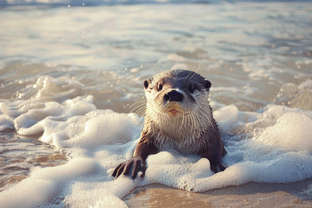 An adorable otter blissfully sitting in the water, its sleek coat glistening under the sunlight as it enjoys a moment of tranquility.の素材