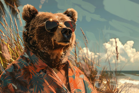 A humorous digital artwork showing a cool brown bear wearing sunglasses while standing confidently on a sandy beach under the bright sun.の素材