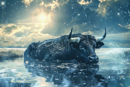 A stunning painting featuring a powerful bull wading gracefully in a serene body of water, captured in a moment of calm and strength.の素材