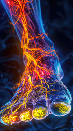 A detailed illustration of a foot with a prominent vein running through it, showing the intricate network of blood vessels.の素材